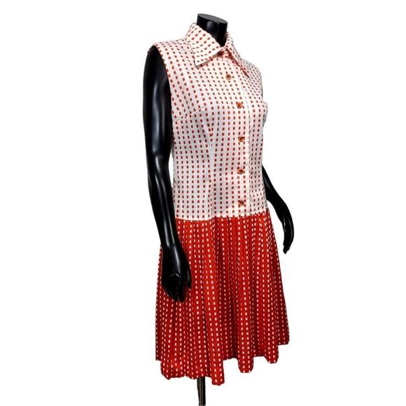 Vintage 60s 70s Mod Orange White Polyester Square Pattern Pleated Shirt Dress - Picture 7 of 8